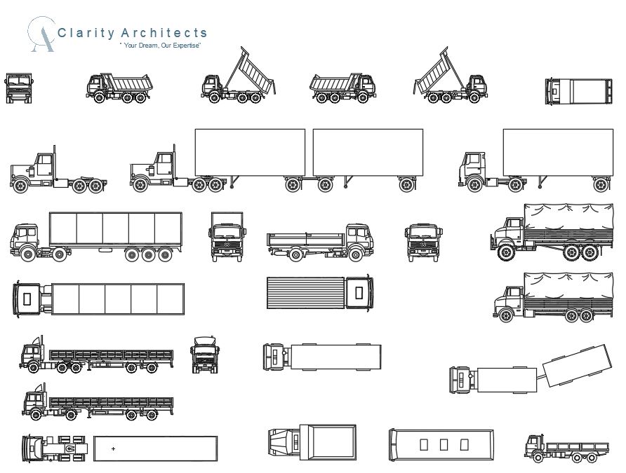 Trucks Set Free Blocks DWG – AutoCAD Truck Drawings in Plan, Front & Elevation Views