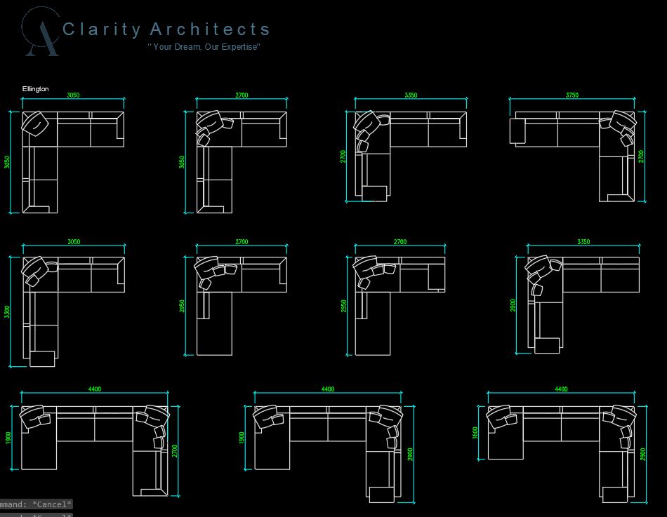 Sofas in Plan with Dimensions CAD Blocks DWG – Corner Sofa AutoCAD Drawings Free 