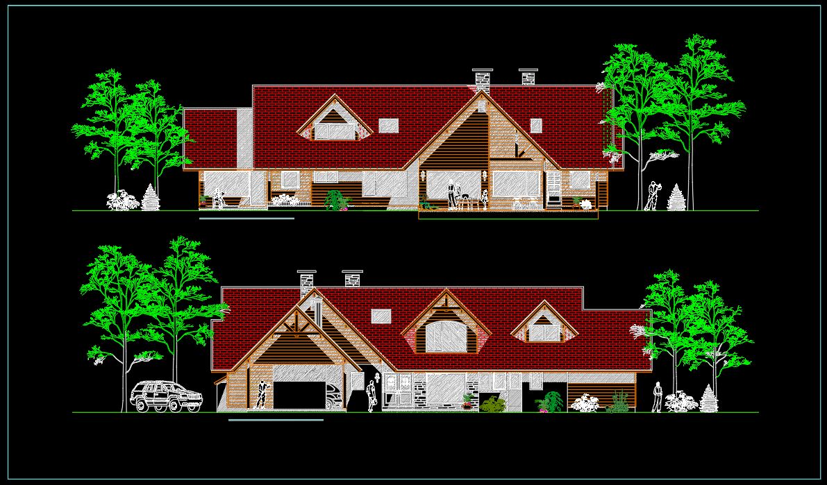 Country House Two-Storey House with Double Garage, Floor Plan & Elevation AutoCAD DWG Free