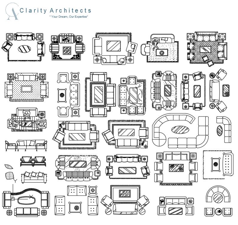 Living Room Furniture CAD Blocks DWG – Sofa, Chairs, Tables, Carpet Plan & Elevation Drawings
