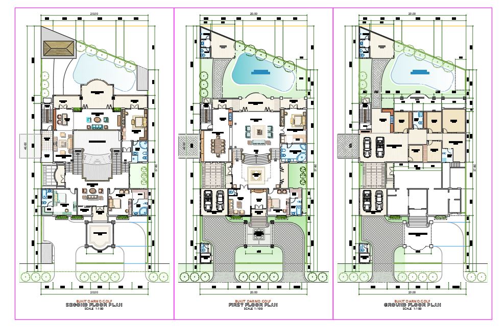 Two-Storey Residence House Design AutoCAD Drawing Free DWG | Large Family Home Plan with Basement, Pool & Elevations