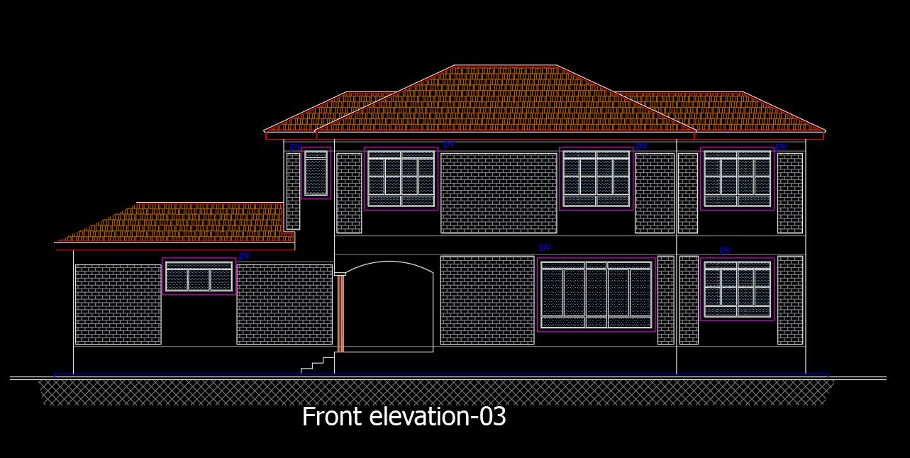 House Plan & Elevation Two-Story House AutoCAD Drawing Free DWG