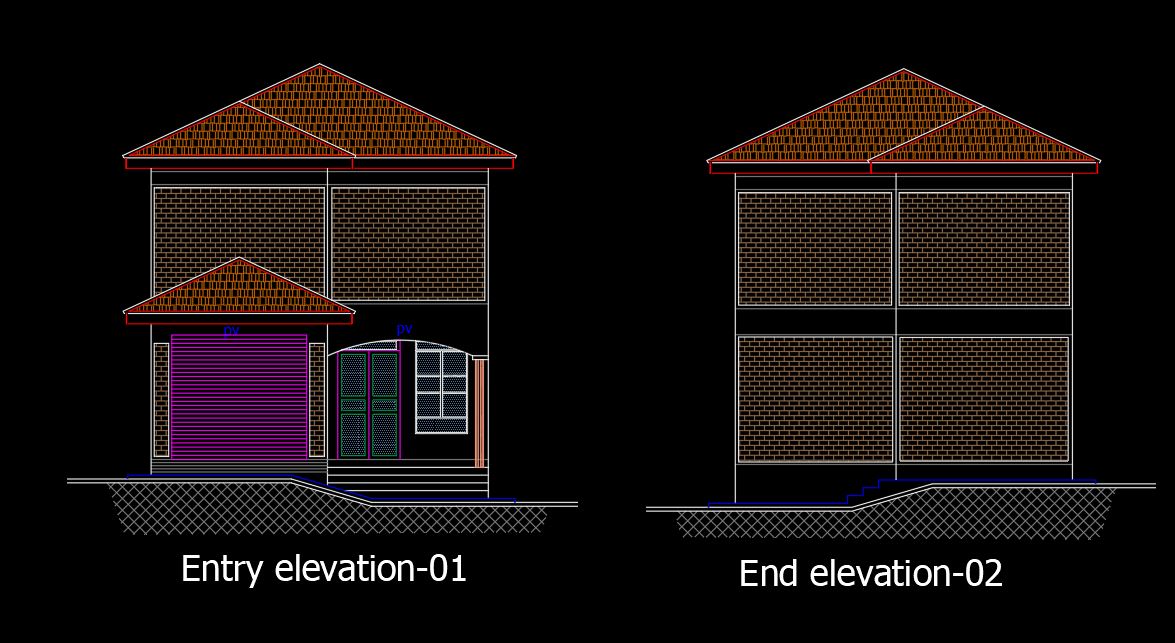 House Plan & Elevation Two-Story House AutoCAD Drawing Free DWG