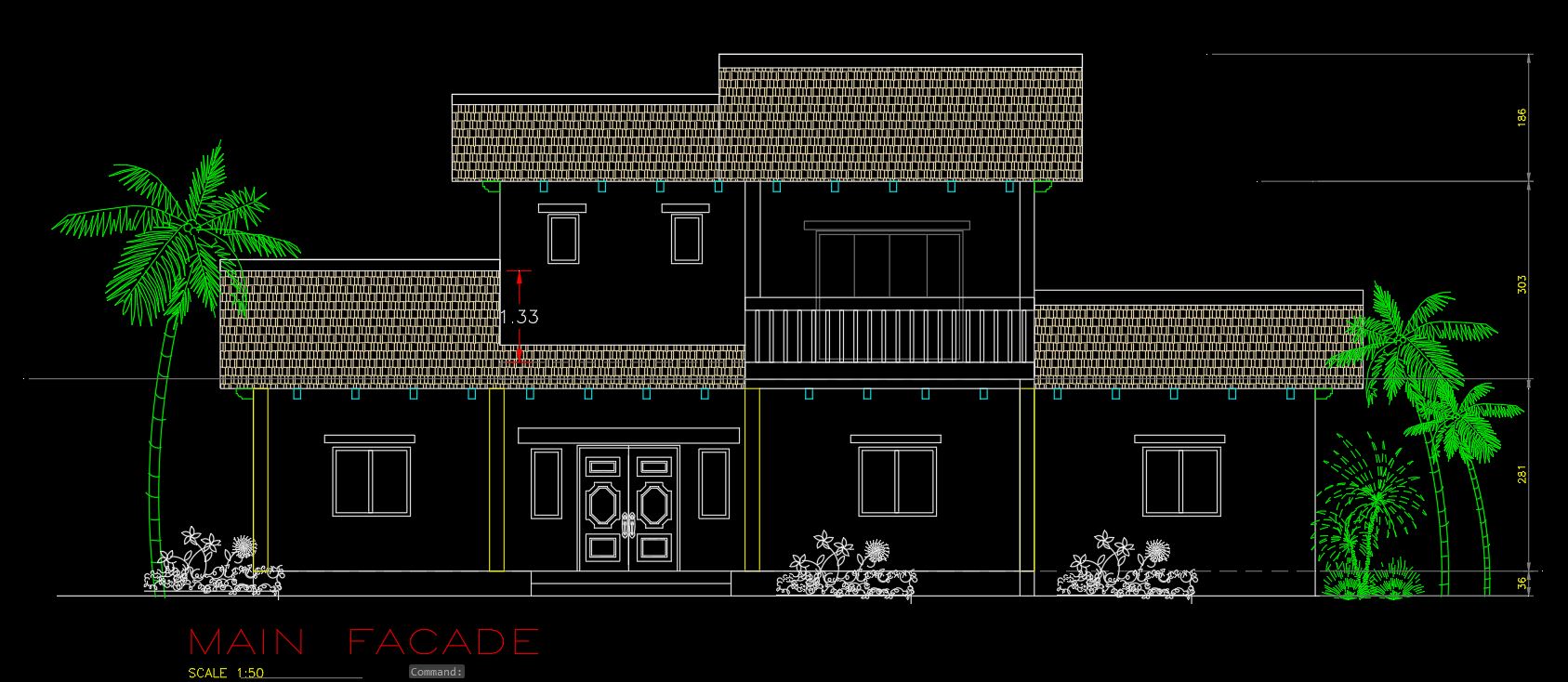 House Plan, Elevation with Spiral Staircase AutoCAD Drawing Free DWG