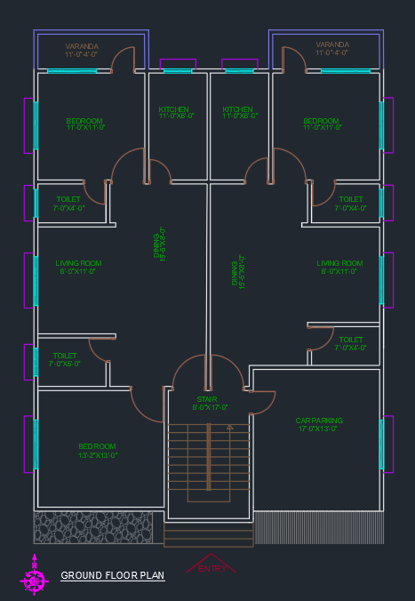 AutoCAD Floor Layout Plan DWG - Ground Floor Area with 2 Units & Parking