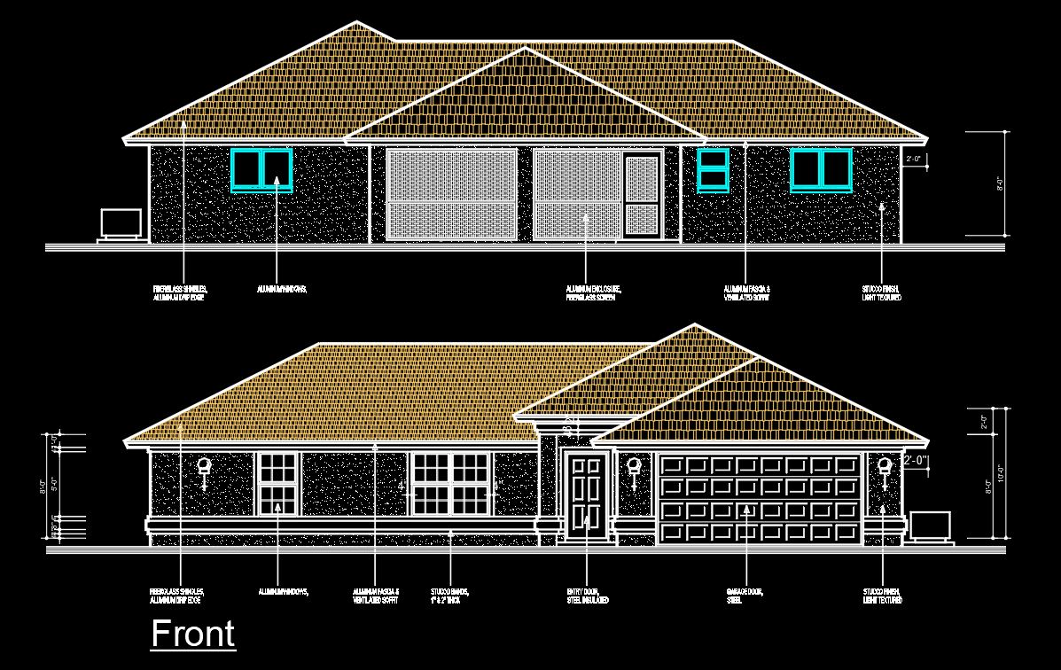 Single Story House Project in AutoCAD 2D – DWG File for Architects | House Elevation Design Drawing