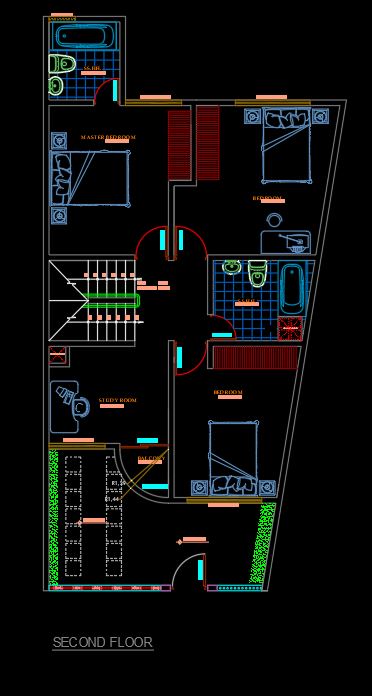 Small Two-Story Semi-Triangular House Plan & Furniture Layout AutoCAD DWG Free