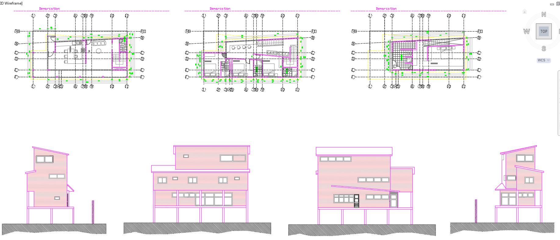 Three-Storey Housing on Piles DWG | 3 Level House Plan, Elevation & Section AutoCAD Drawing