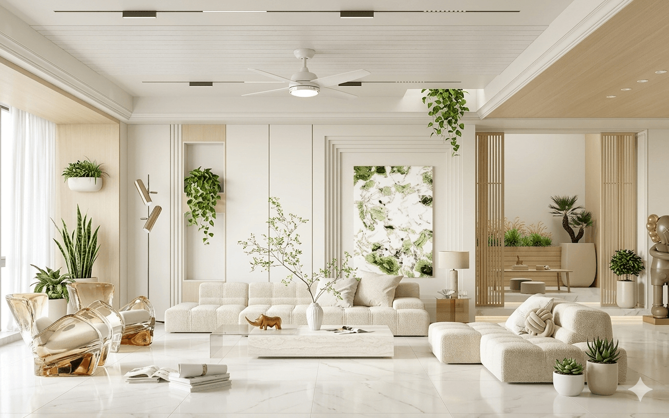Modern Living Room Interior Design 3D Model – Sofa, Wall Panel & Ceiling Concept