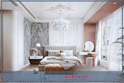 3D French-Style Bedroom Interior – Modern Bed, Decorative Walls & Classic Hanging Light