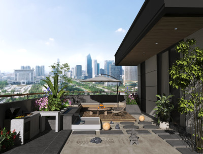 Modern Rooftop Garden Design with BBQ & Water Body | 3D Model Render